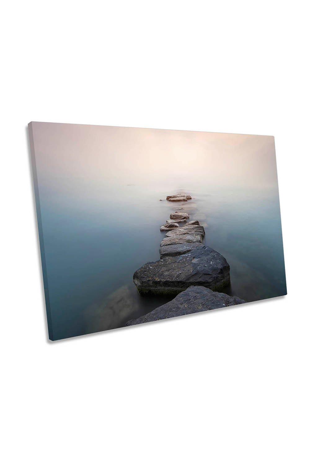 Misty Fog Lake Stone Path Moody Canvas Wall Art Picture Print
