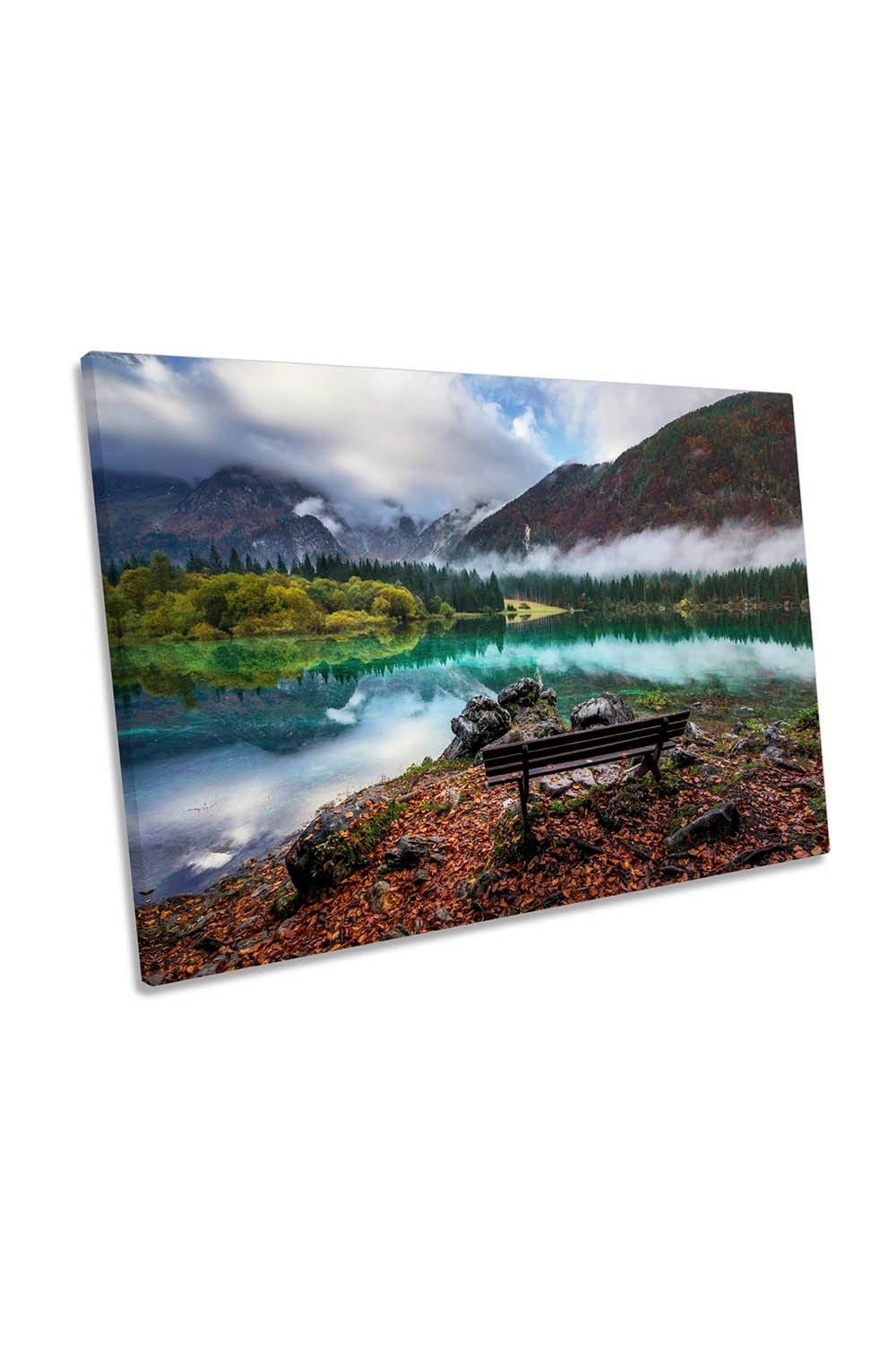 Bench by the Lake Fusine Mountains Canvas Wall Art Picture Print