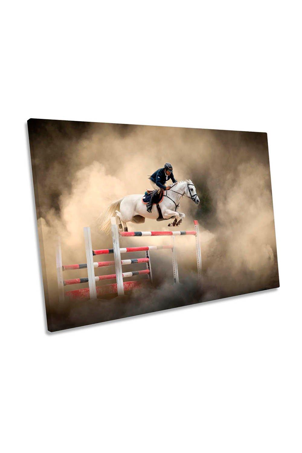White Horse Show Jumping Sports Canvas Wall Art Picture Print