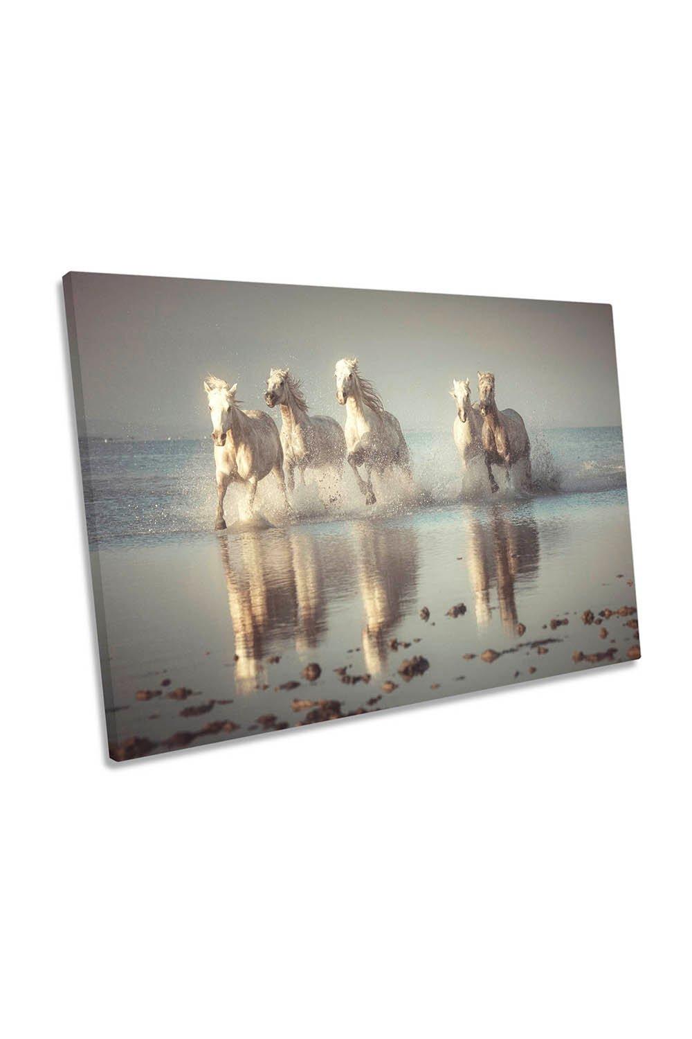 Camargue White Horses Beach Canvas Wall Art Picture Print