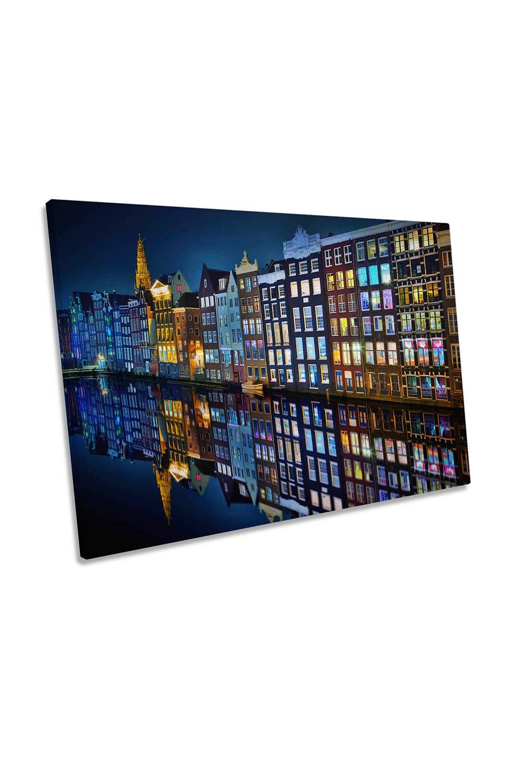 Amsterdam Mirror City Night Canvas Wall Art Picture Print