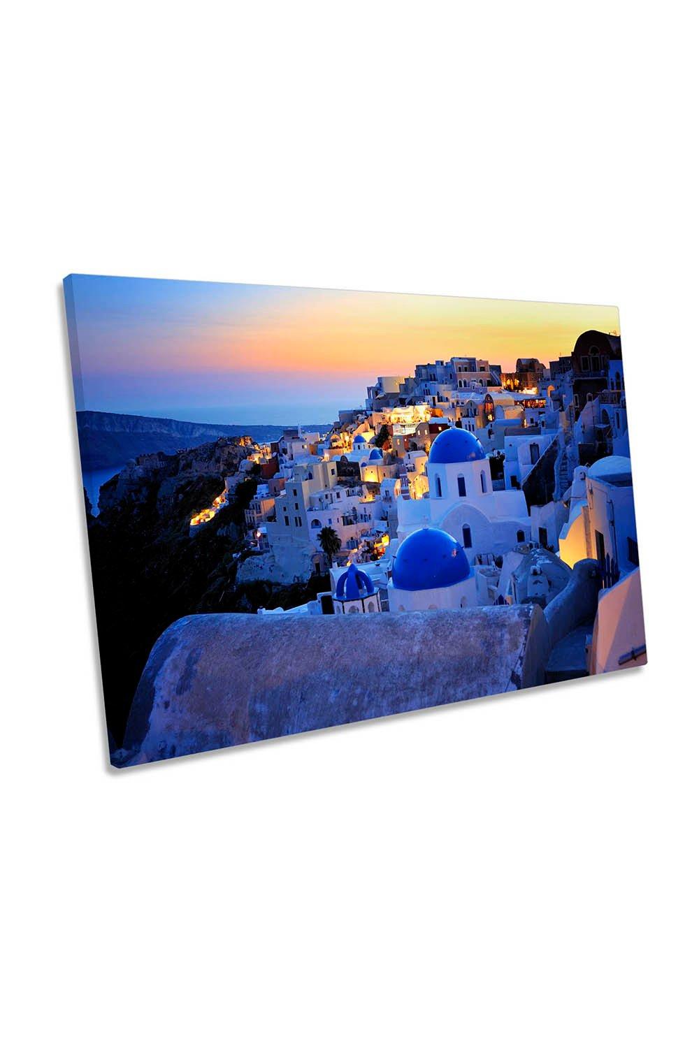 Santorini Island Greece Sunset Blue Canvas Wall Art Picture Print