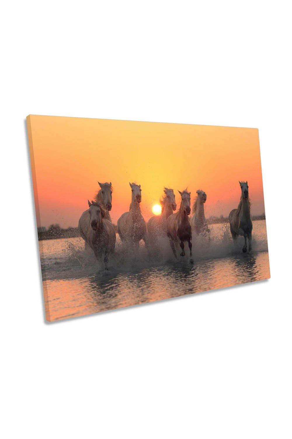 Sunset Beach Horses Orange Canvas Wall Art Picture Print