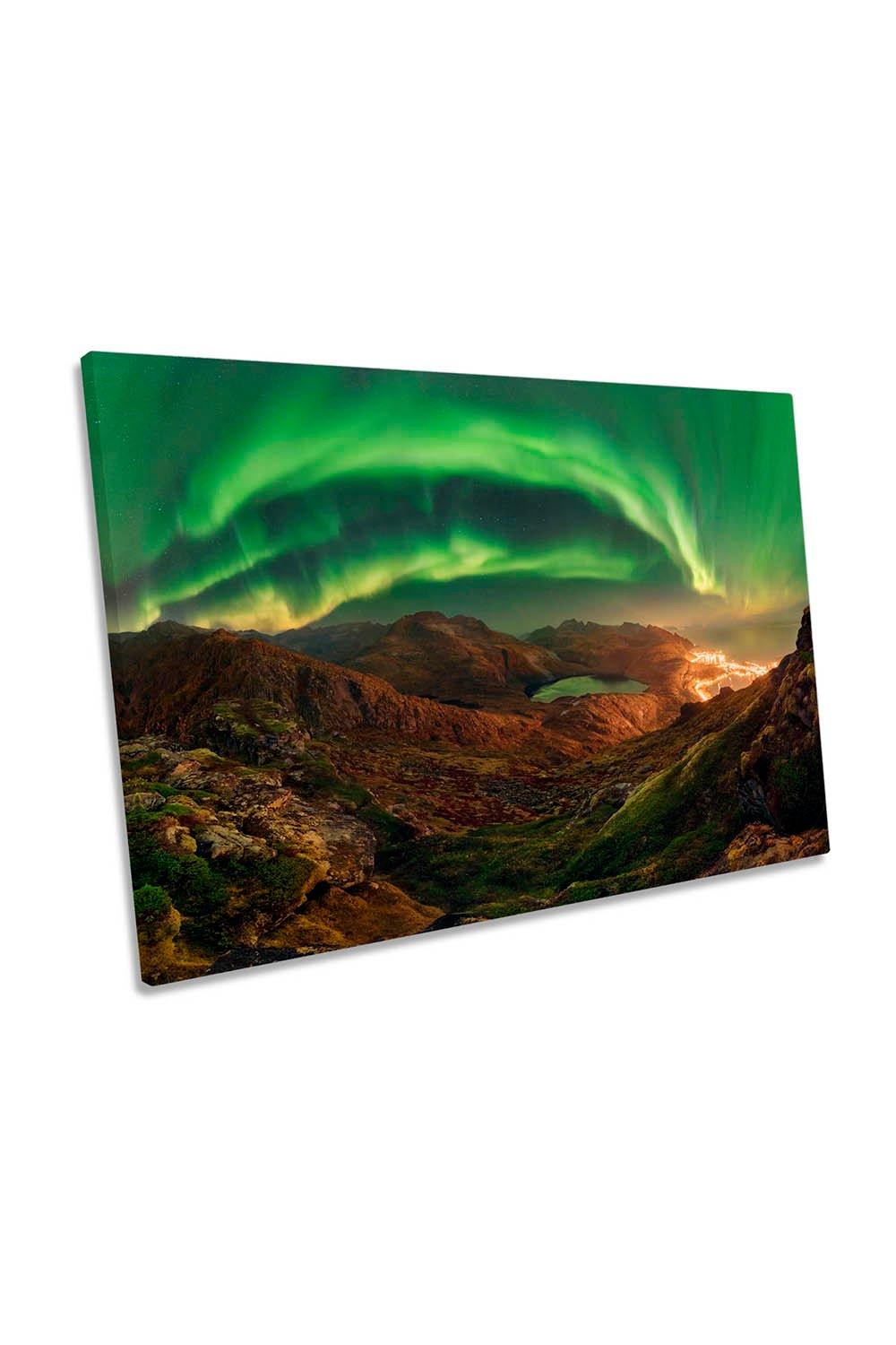 Green Bow Lofoten Northern Lights Canvas Wall Art Picture Print