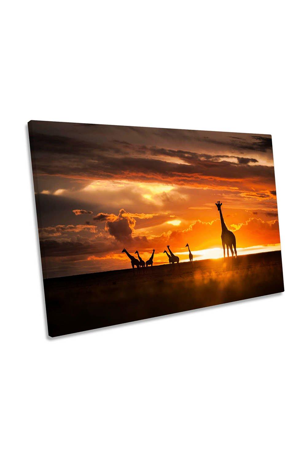 End of the Day Giraffes Sunset Orange Canvas Wall Art Picture Print