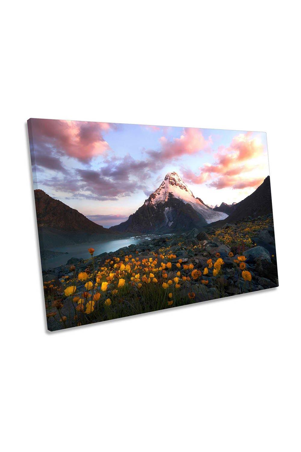 Yellow Flowers Mountain Landscape Canvas Wall Art Picture Print