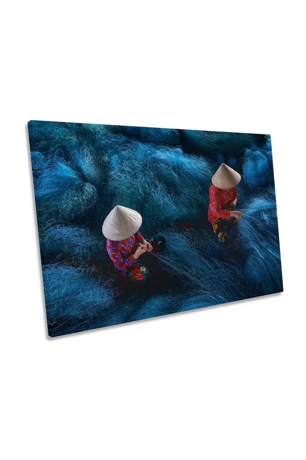 Net Mending Asia Traditional Blue Canvas Wall Art Picture Print