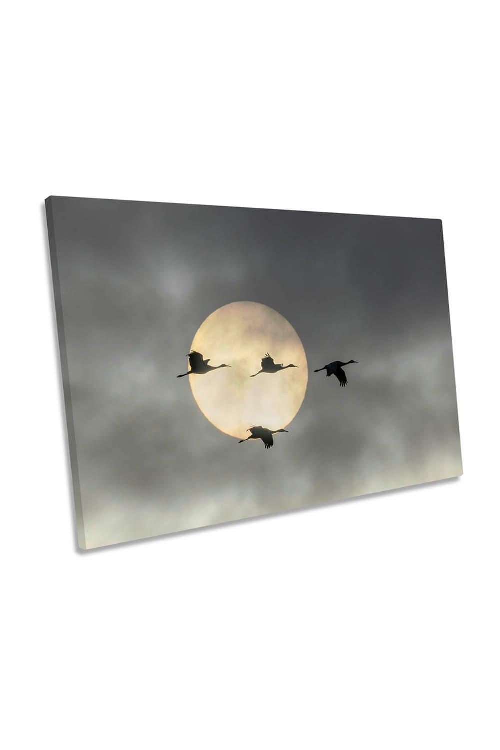 Over the Moon Crane Birds Flight Canvas Wall Art Picture Print