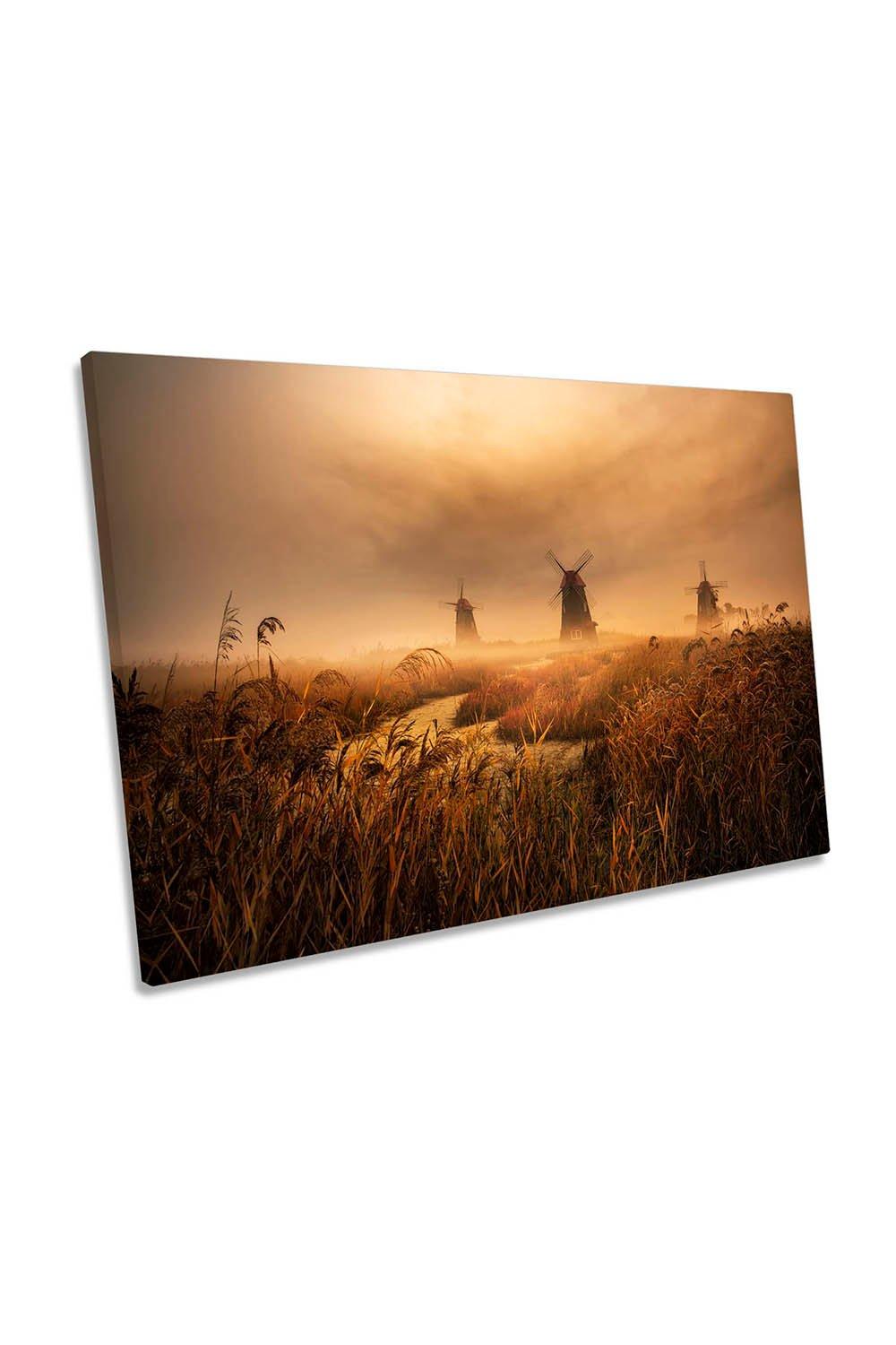 A Fascinating Morning Windmills Landscape Canvas Wall Art Picture Print