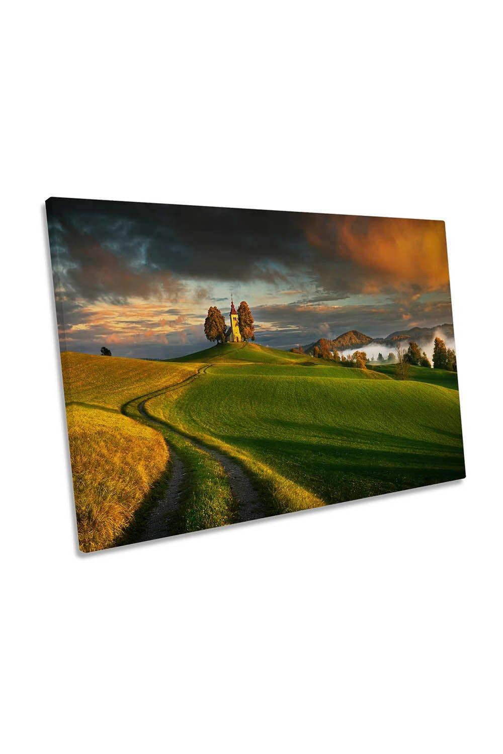 Evening Light Chapel Church Landscape Canvas Wall Art Picture Print