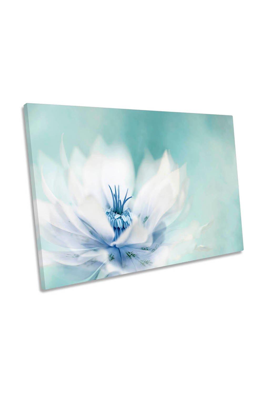 Ice Flow White Floral Turquoise Flower Canvas Wall Art Picture Print