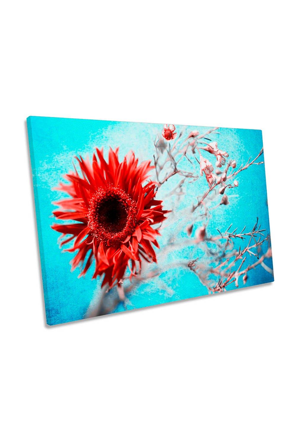 Marigold Red Flower Floral Blue Canvas Wall Art Picture Print
