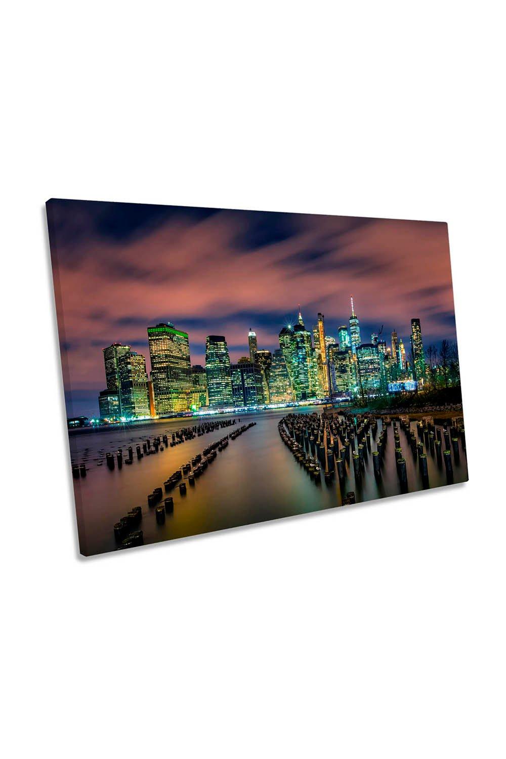 New York City Pier Skyline Night Canvas Wall Art Picture Print
