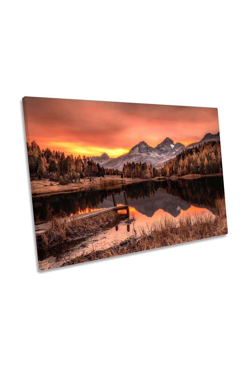 Calm Sunset Lake Mountains Landscape Orange Canvas Wall Art Picture Print