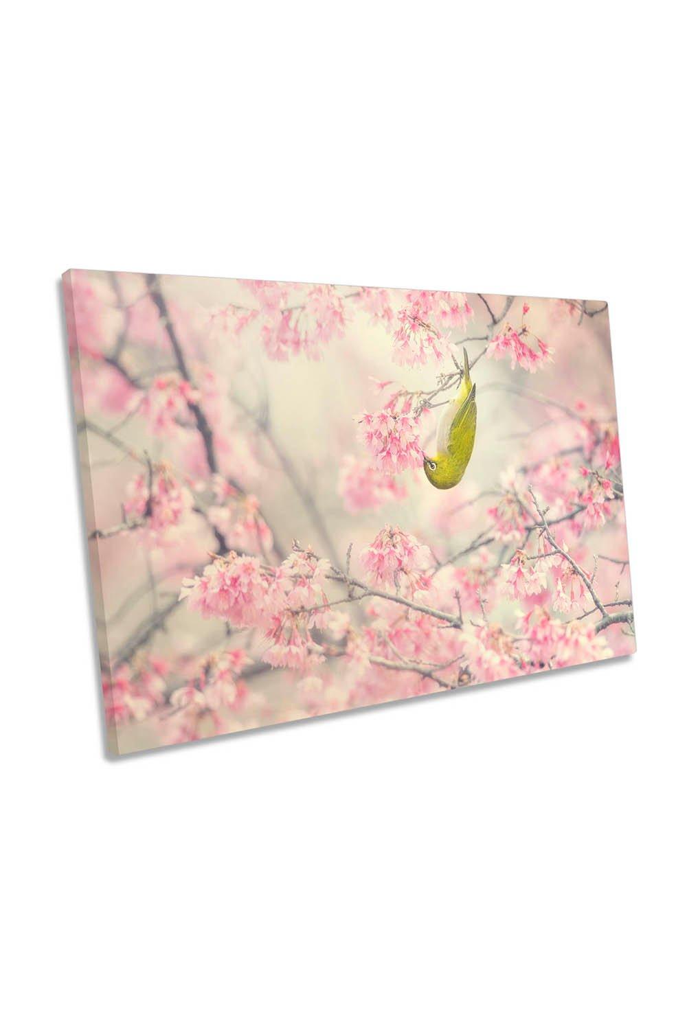 Cherry Blossom Floral Bird Pink Canvas Wall Art Picture Print