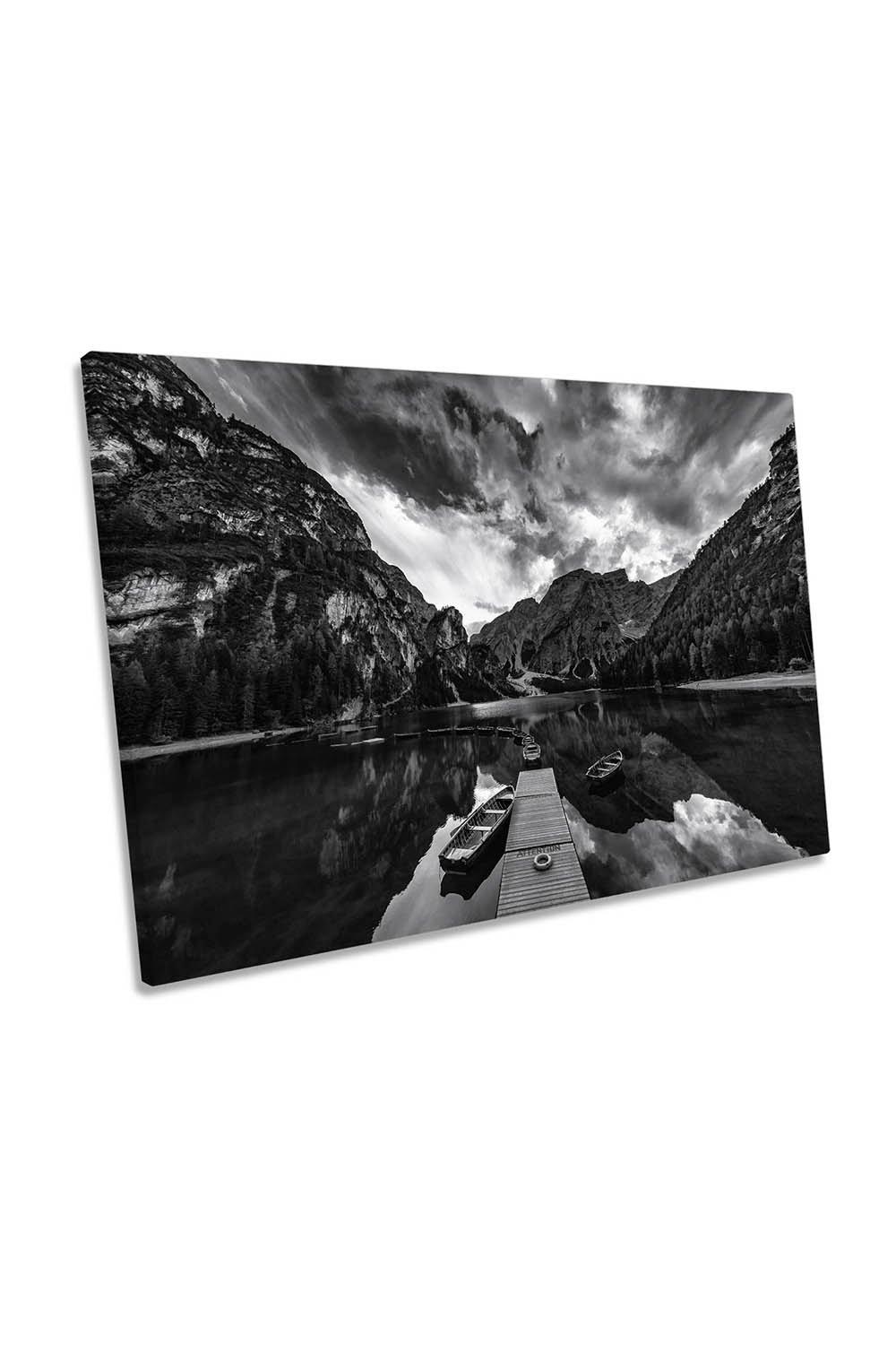 Braies' Shades of Grey Boat Mountains Lake Canvas Wall Art Picture Print