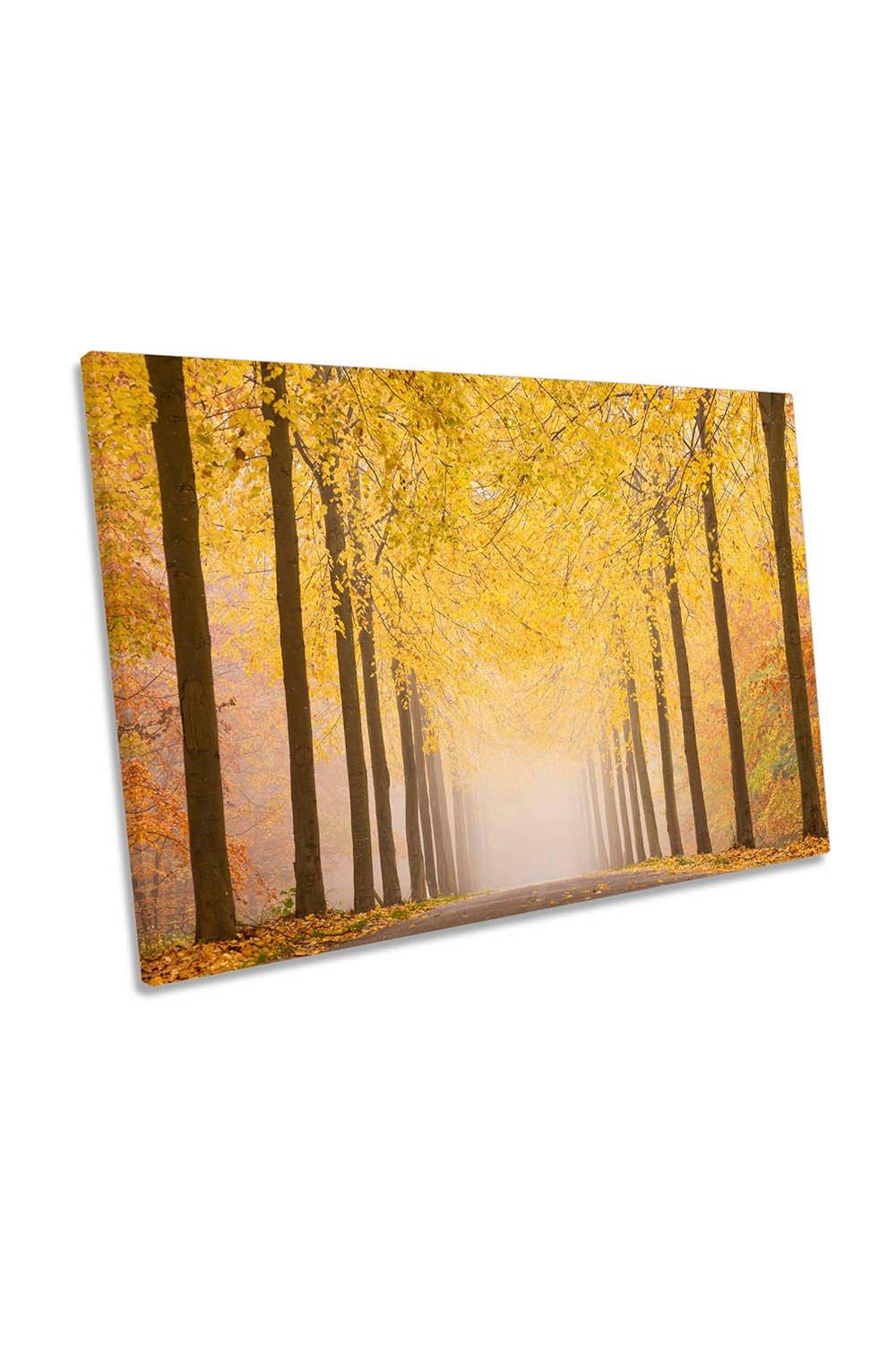 Autumn Yellow Road Misty Trees Canvas Wall Art Picture Print
