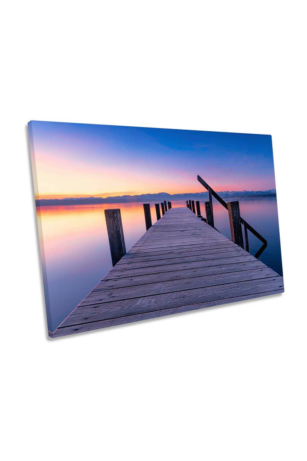 At the Lake Pier Jetty Seascape Pink Sunset Canvas Wall Art Picture Print