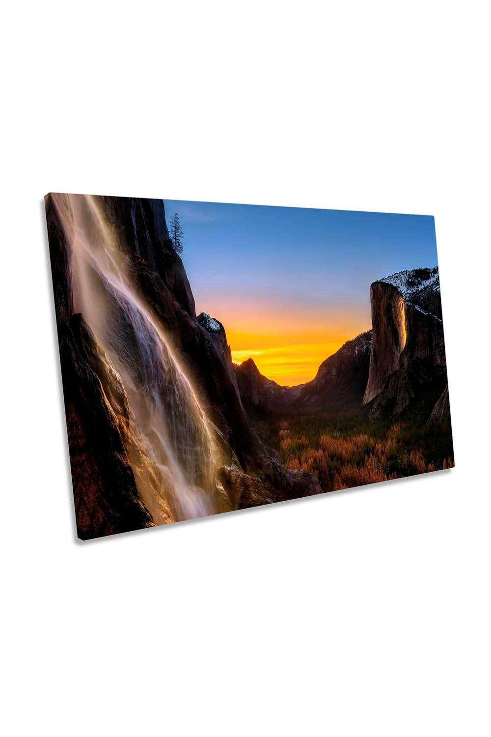 Double Waterfalls Yosemite Mountains Orange Canvas Wall Art Picture Print