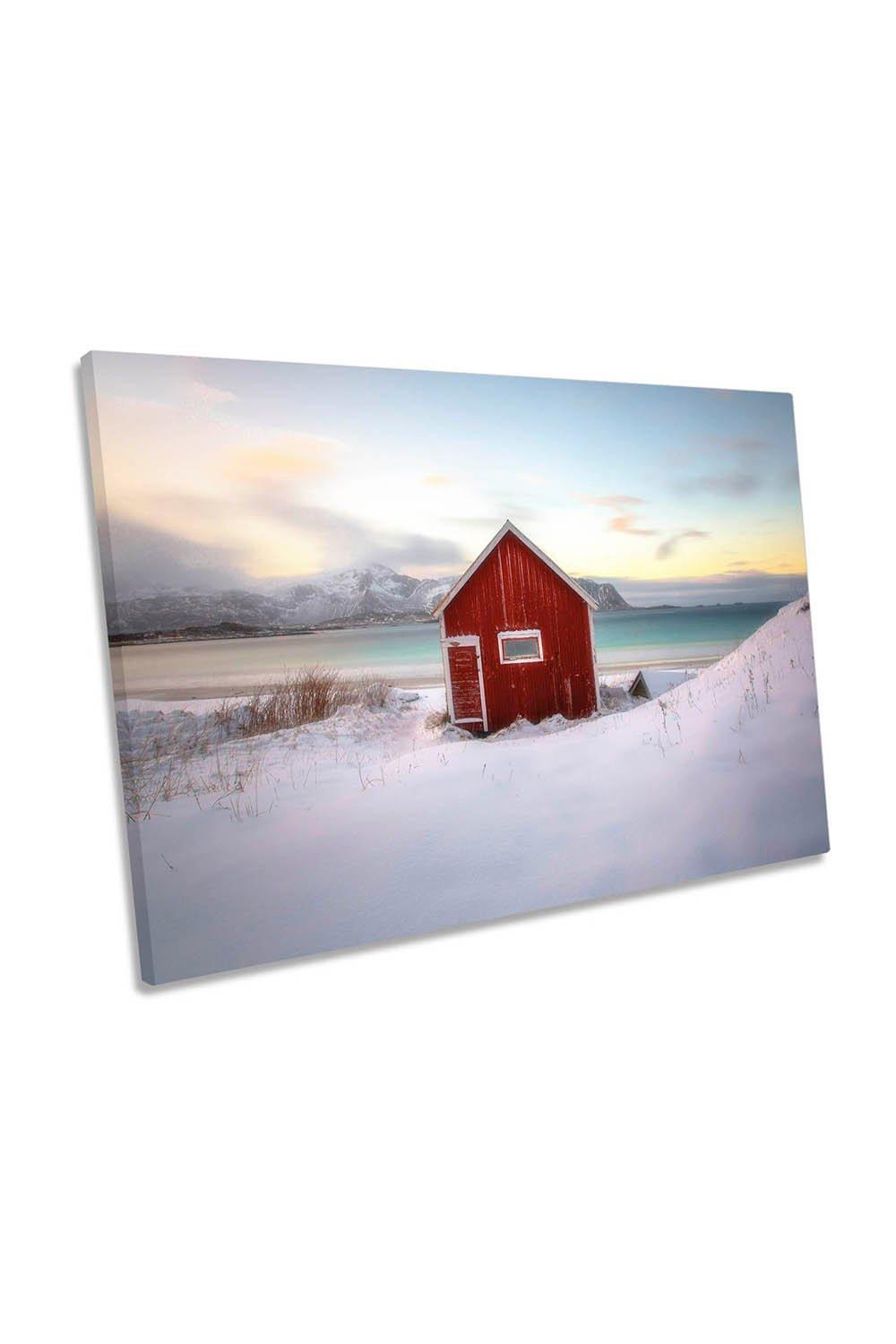 Under an Arctic Sky Snow Cottage Landscape Canvas Wall Art Picture Print
