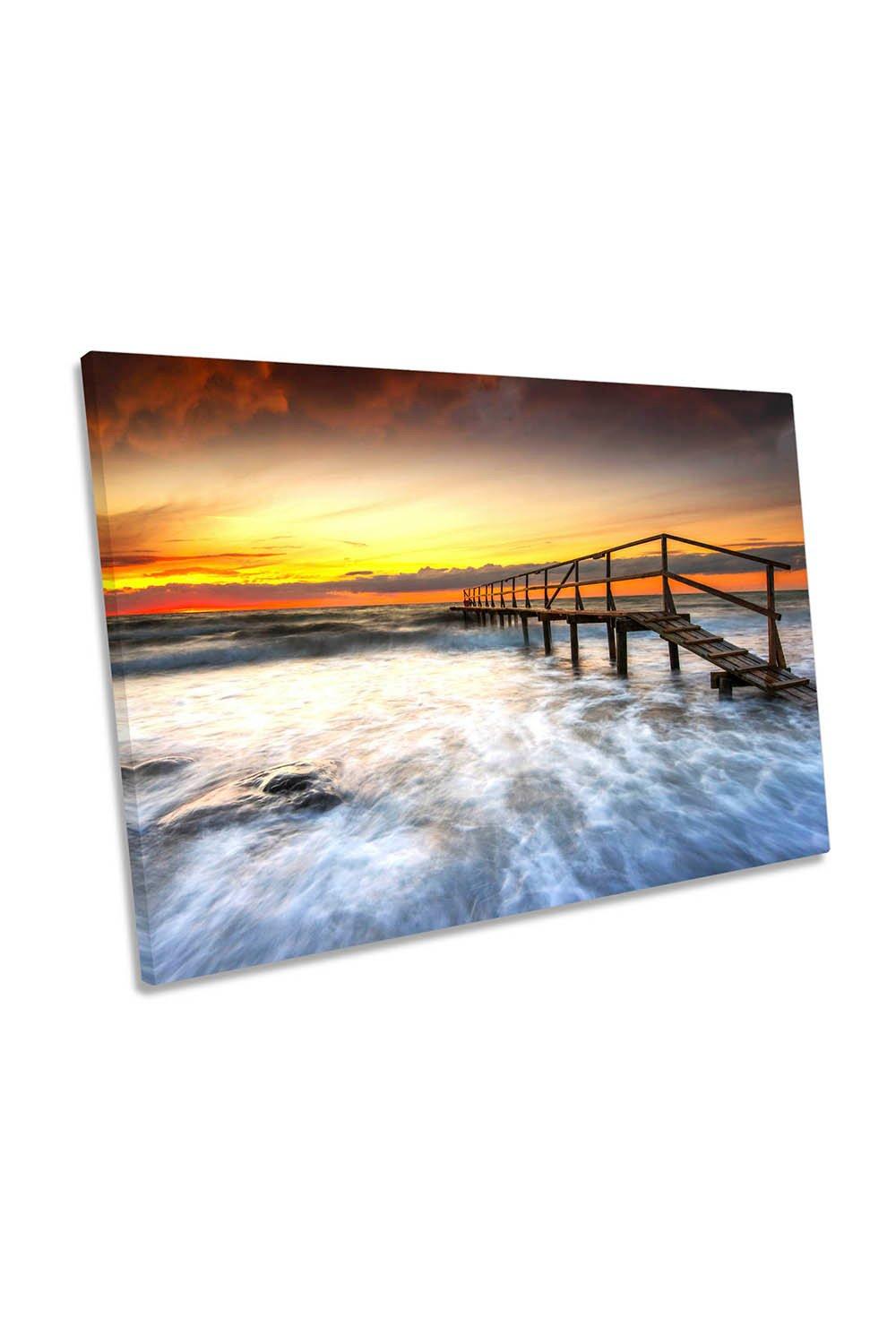 Sunset Pier Orange Seascape Beach Canvas Wall Art Picture Print