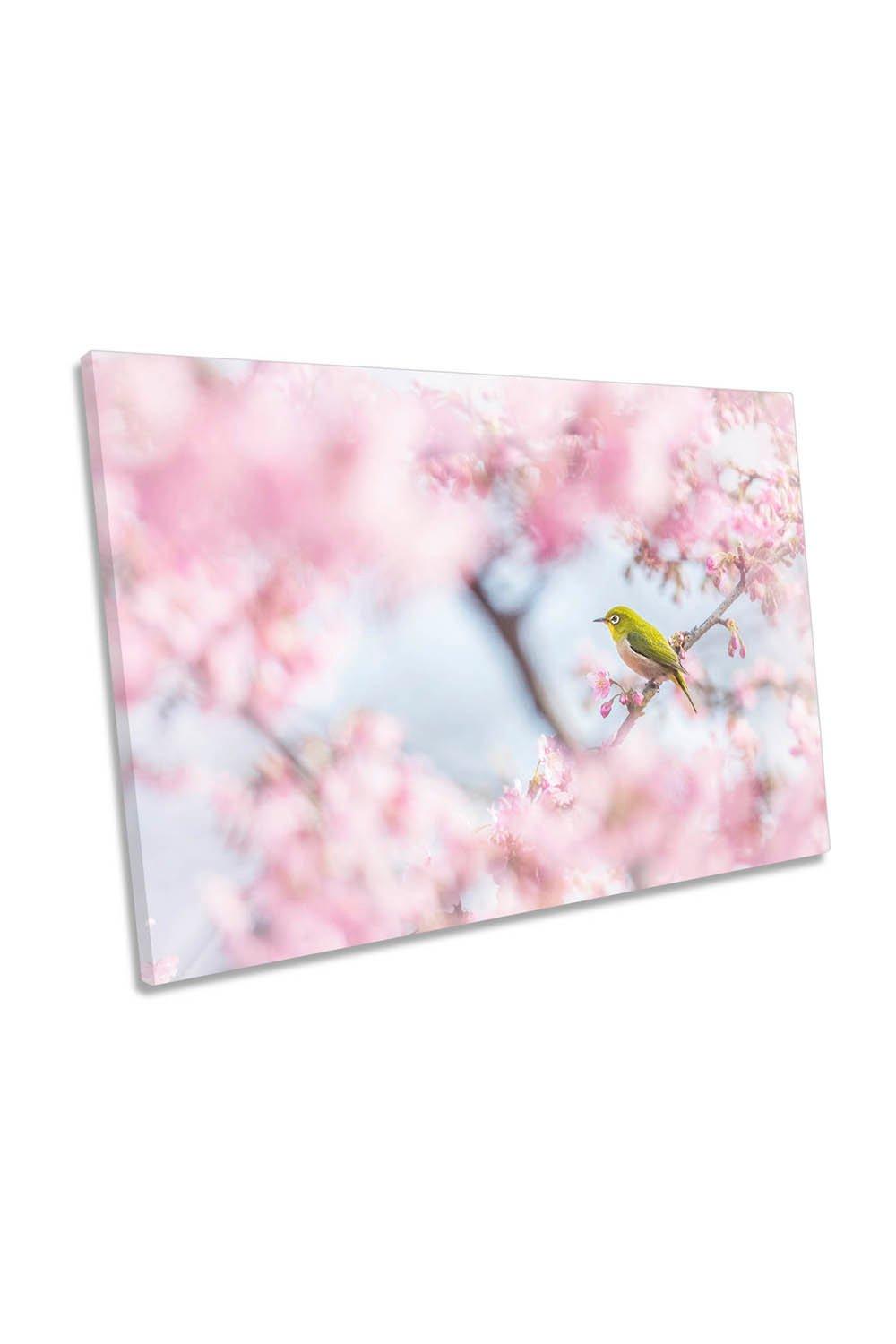 Cherry Blossom Bird Pink Floral Canvas Wall Art Picture Print