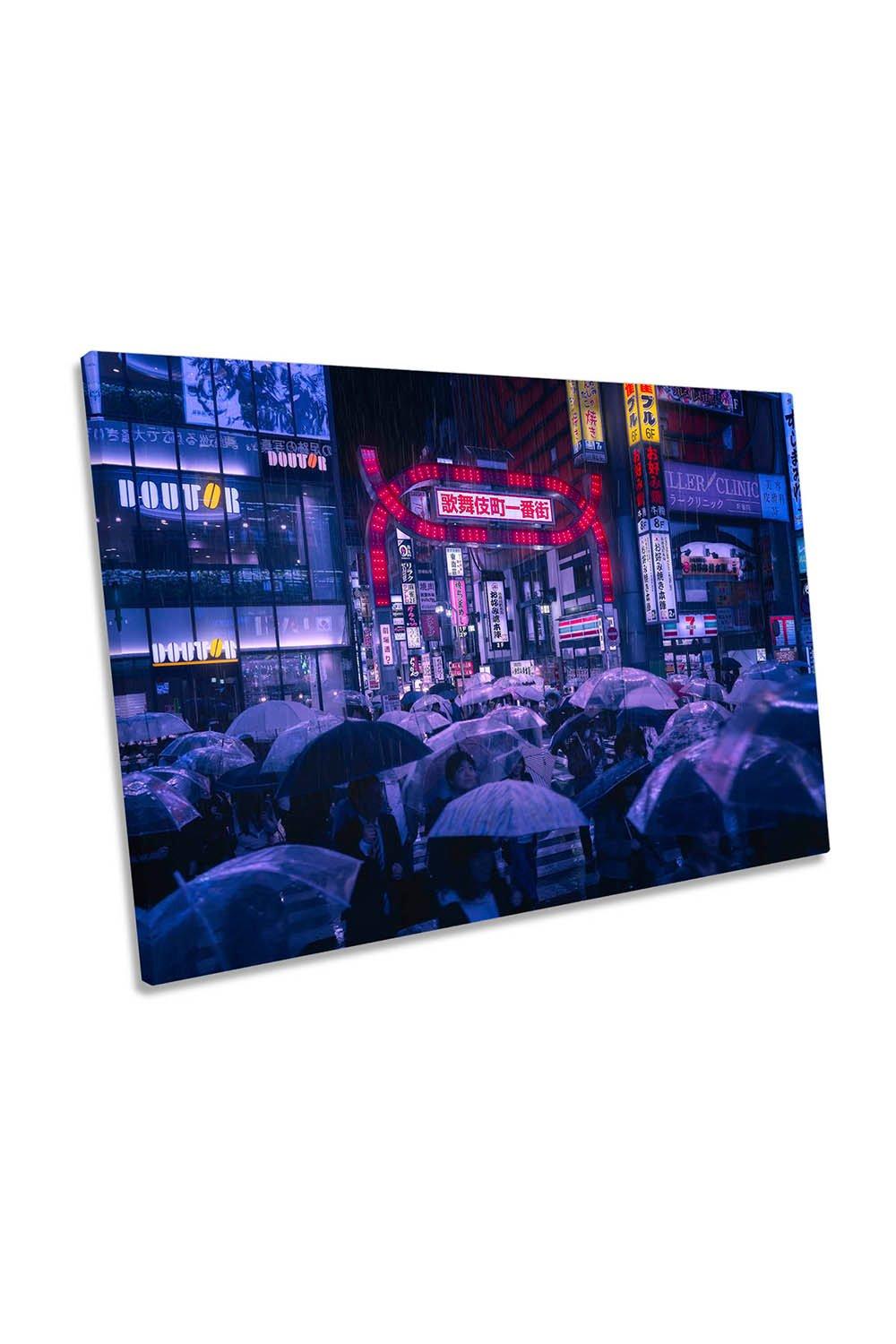Tokyo Blue Rain Umbrellas Street Scene Canvas Wall Art Picture Print
