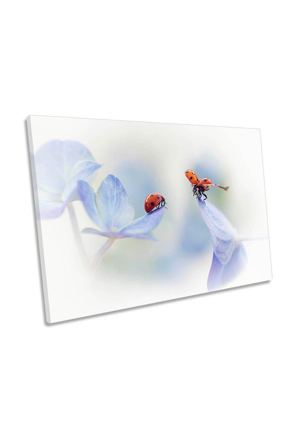 Red Lady Birds Gentle Blue Floral Flower Canvas Wall Art Picture Print