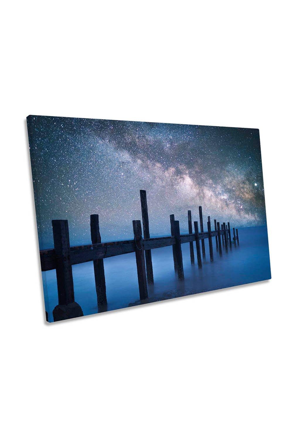 Blue Starry Night Milky Way Pier Seascape Canvas Wall Art Picture Print