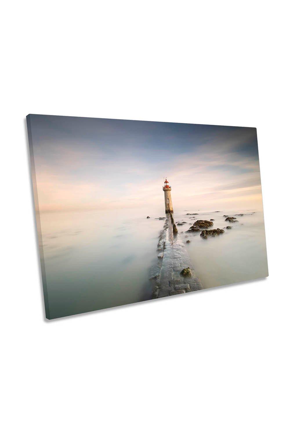 Lighthouse Sea Scene Misty Morning Minimalistic Canvas Wall Art Picture Print