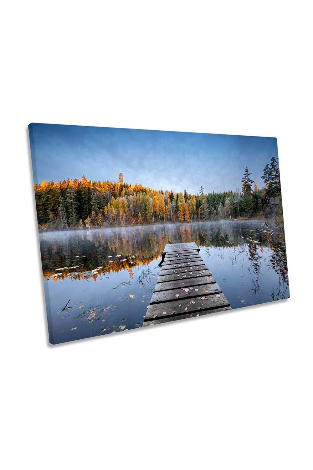 Autumn Pier Lake Frost Landscape Mist Canvas Wall Art Picture Print