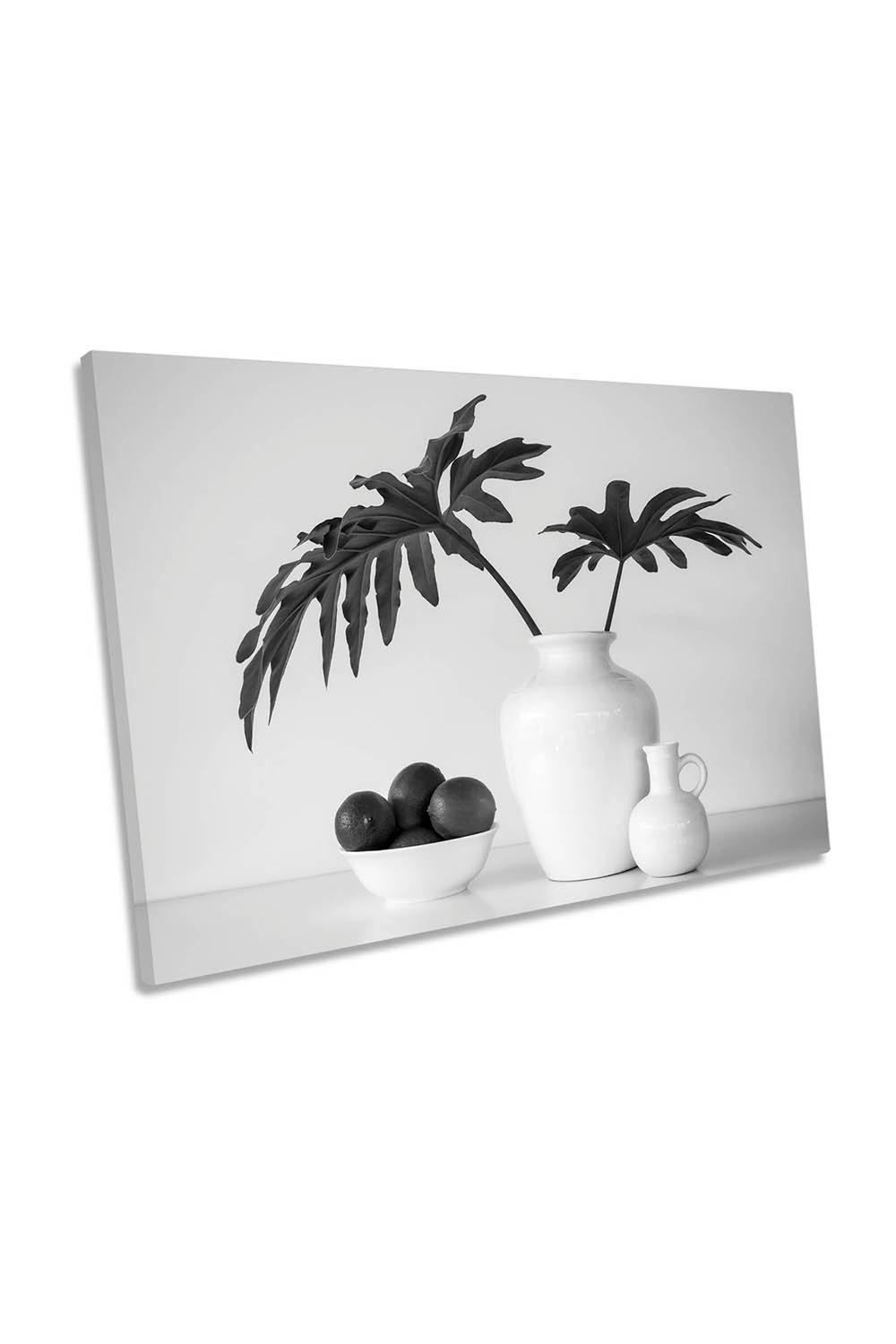 Tropical Leaves Still Life Vase Grey Canvas Wall Art Picture Print