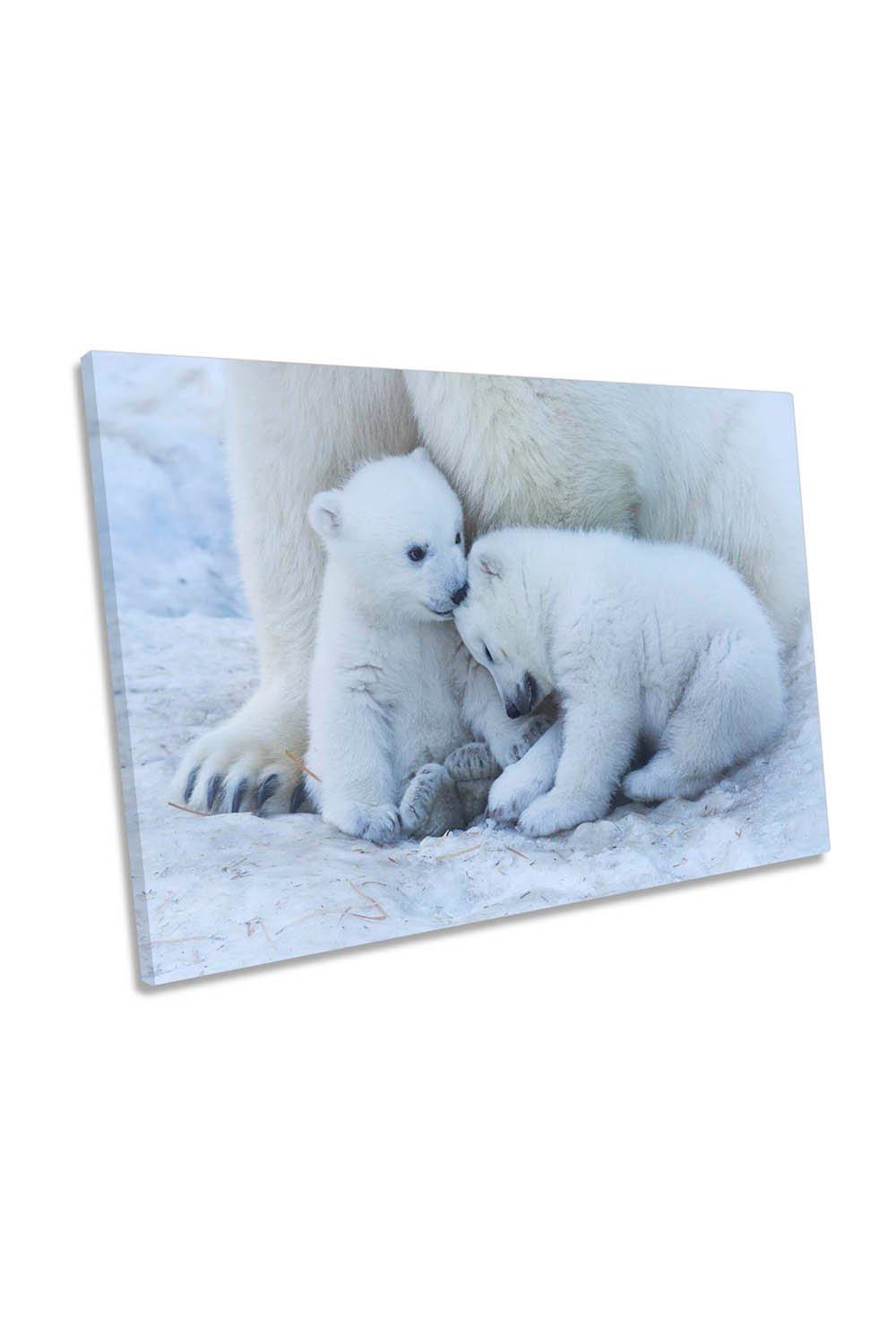 Cute Polar Bear Cubs Family Mother Protection Canvas Wall Art Picture Print