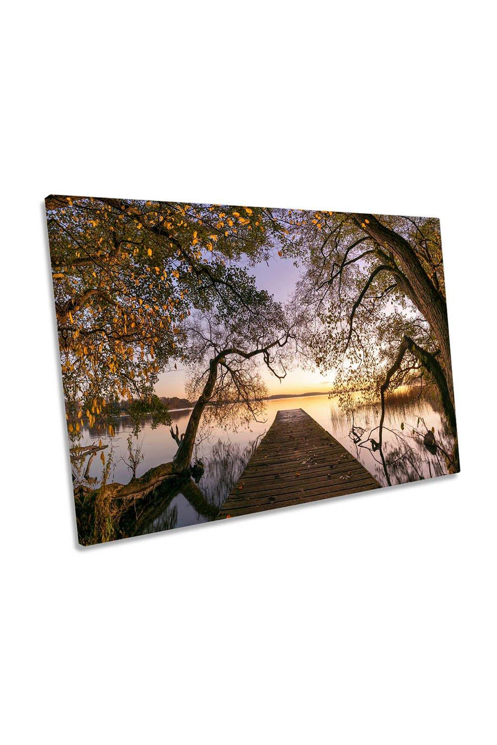 Autumn Lake View Sunset Landscape Canvas Wall Art Picture Print