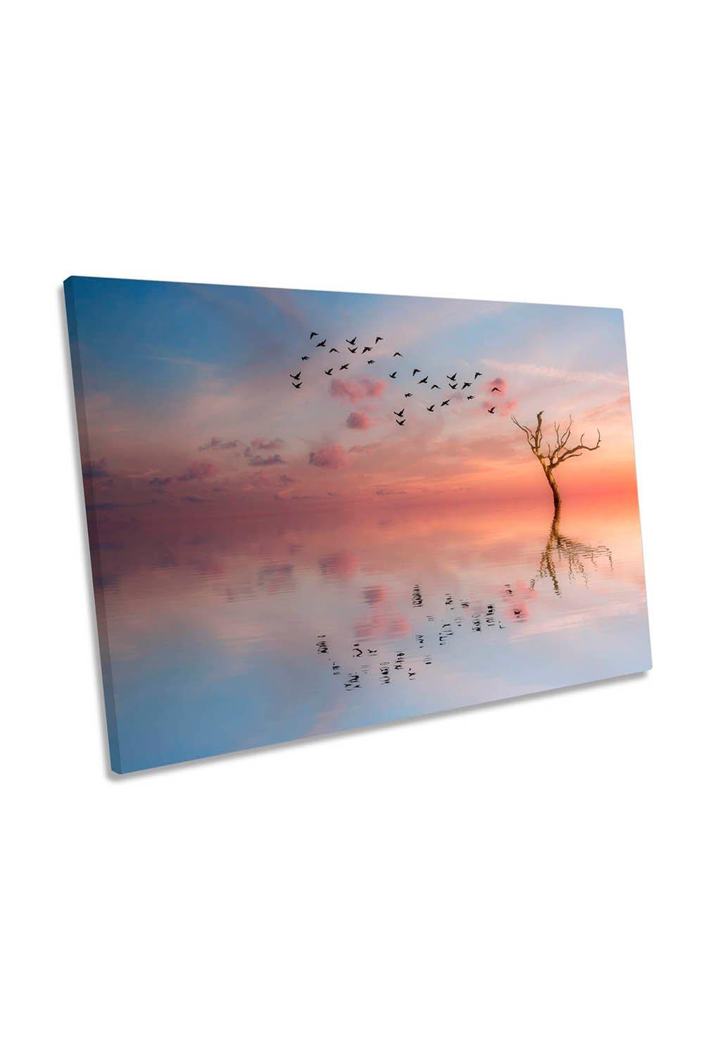 Lonely Tree Lake Refection Birds Sunset Canvas Wall Art Picture Print