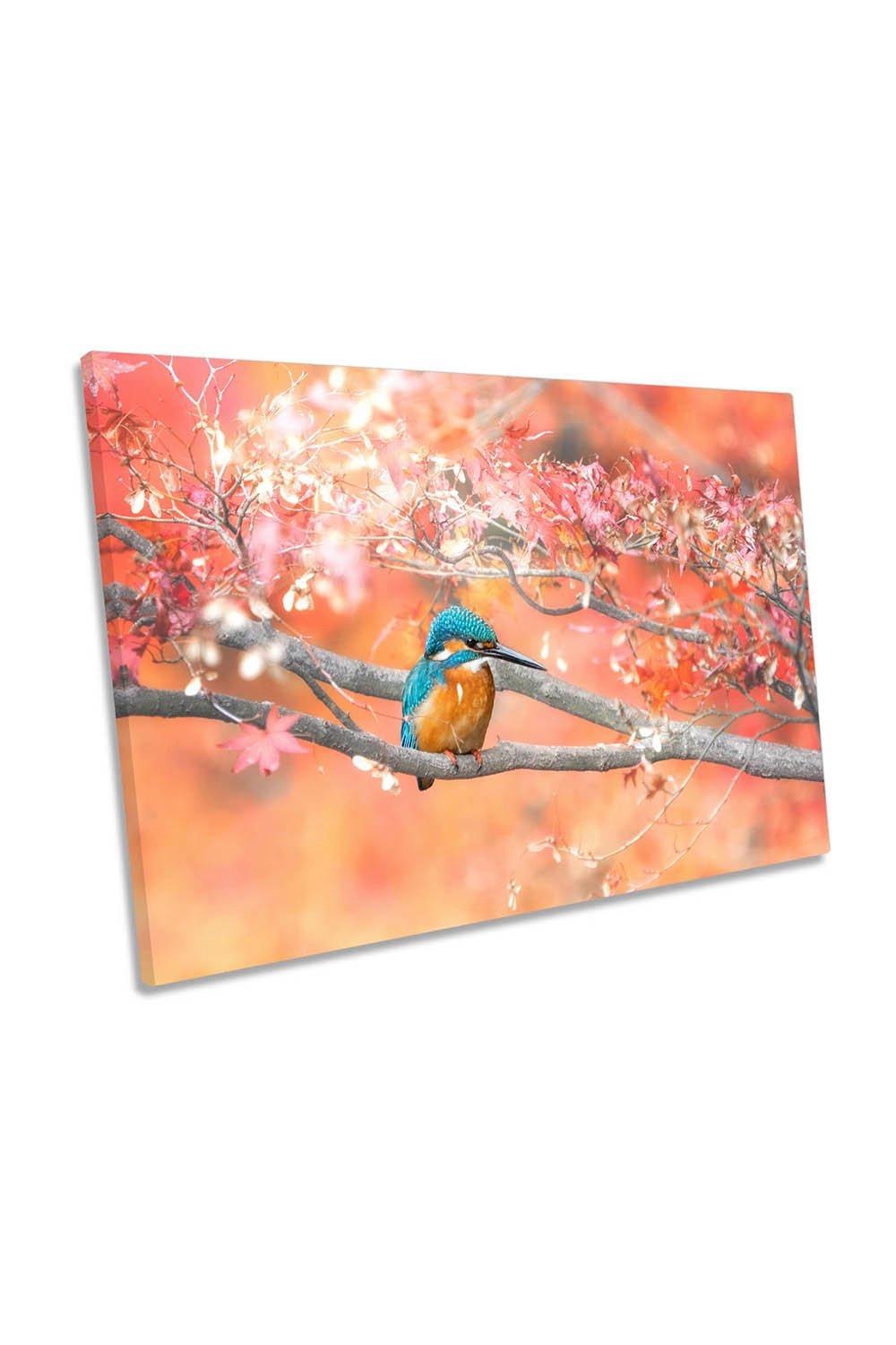 Kingfisher Bird Pink Autumn Leaves Canvas Wall Art Picture Print