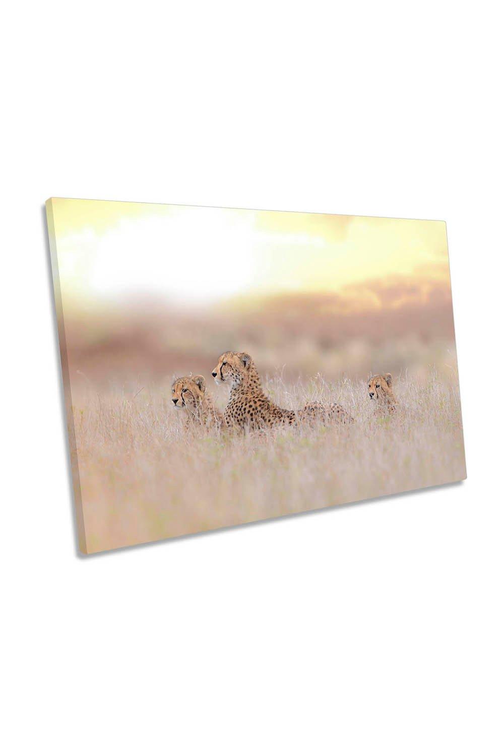 Cheetah Family Wildlife Yellow Sunset Canvas Wall Art Picture Print