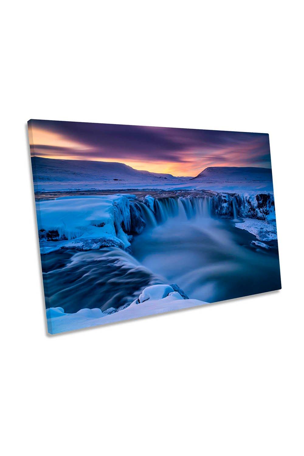 Winter Waterfall Godafoss Sunset Canvas Wall Art Picture Print