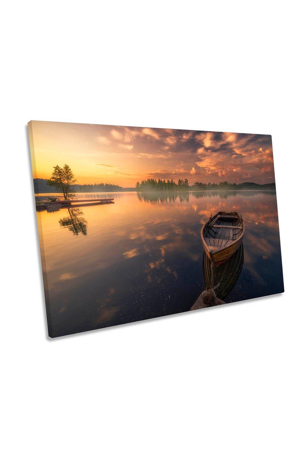 Wooden Boat Orange Sunset Lake Canvas Wall Art Picture Print