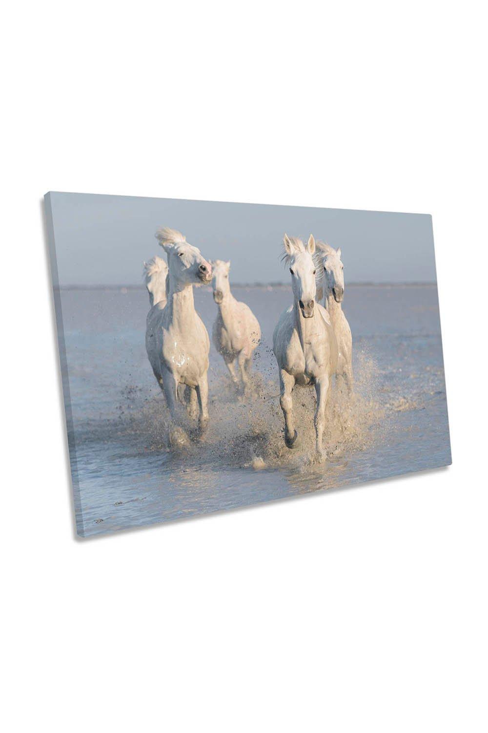 White Horse Running Beach Canvas Wall Art Picture Print