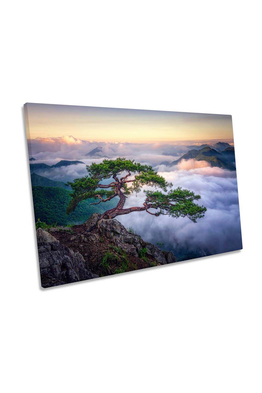 On the Rock Mountain Bonsai Tree Cloudy Canvas Wall Art Picture Print