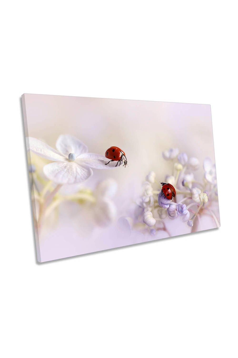 Small Friends Ladybirds Pink Floral Flowers Canvas Wall Art Picture Print
