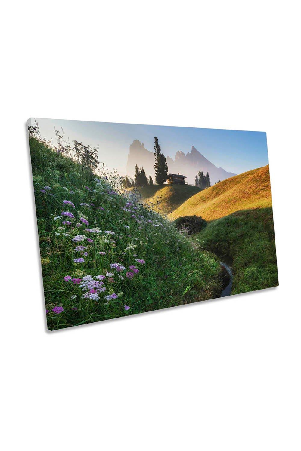 Flowery Morning Mountain Hut Alps Canvas Wall Art Picture Print