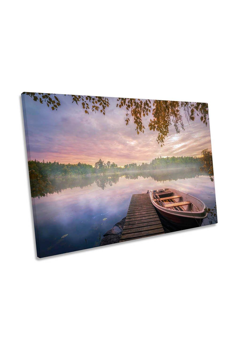 Colourful Lake Jetty Boat Peaceful Canvas Wall Art Picture Print