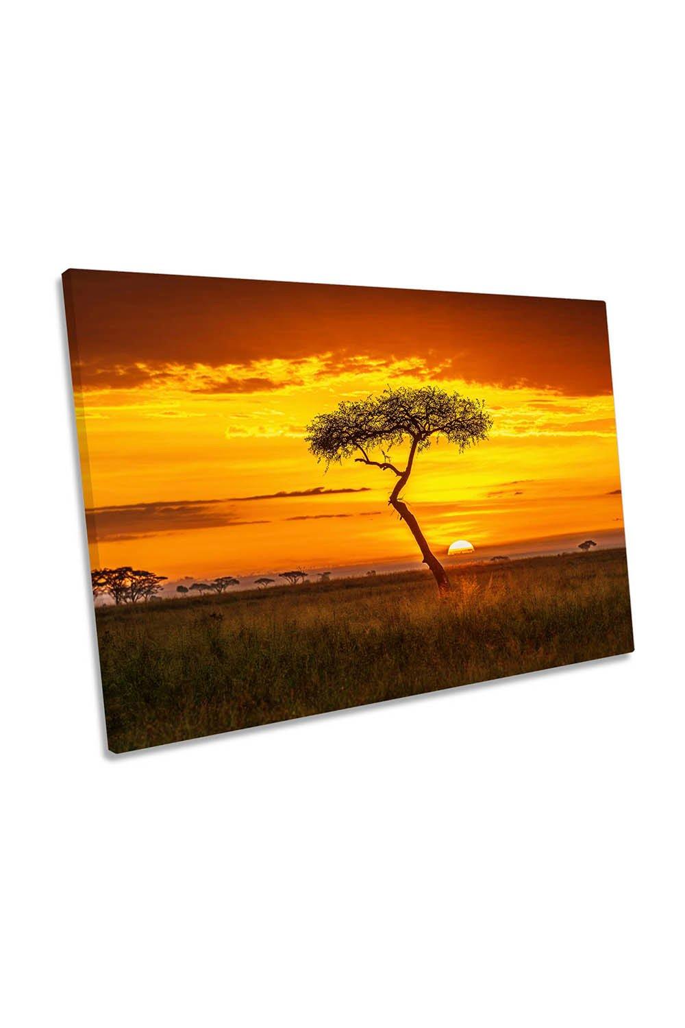 Primordial Africa Orange Sunset Tree Canvas Wall Art Picture Print
