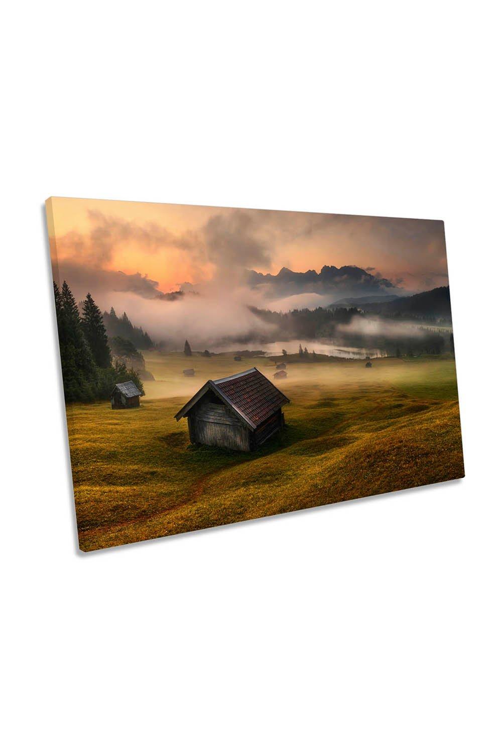 Misty Mountain Side Barns Countryside Canvas Wall Art Picture Print