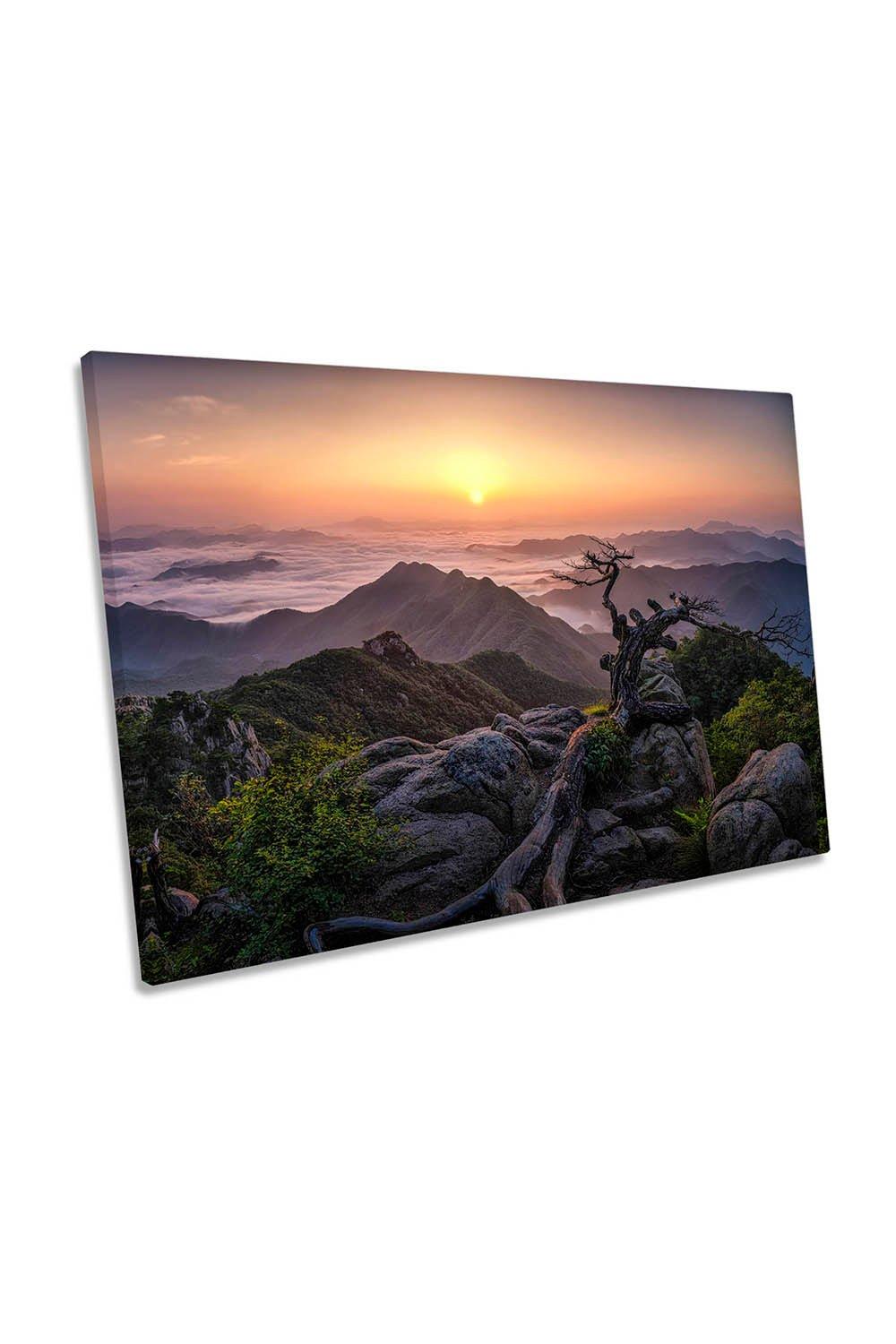 Sunrise on the Top of the World Mountain Peak Canvas Wall Art Picture Print