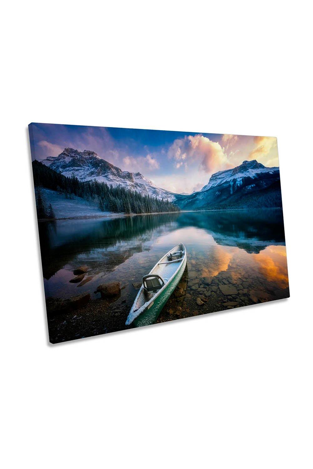 First Snow Emerald Lake Boat Banff Canada Canvas Wall Art Picture Print