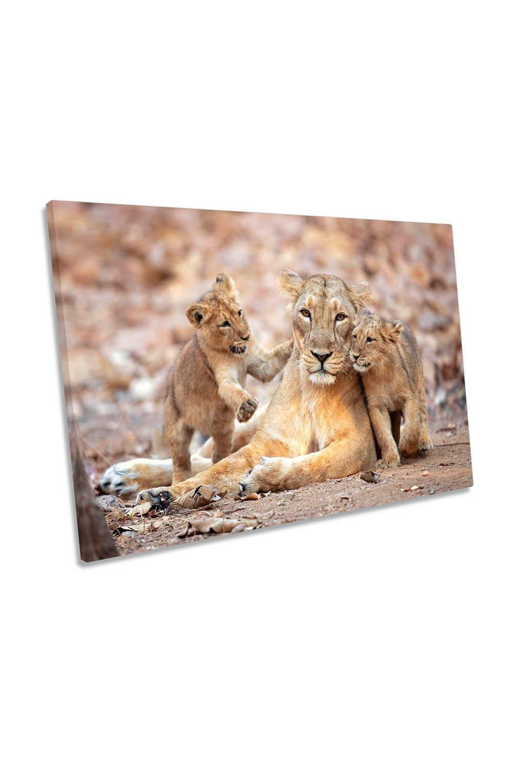 Mother Asiatic Lioness with Baby Lions Playing Family Canvas Wall Art Picture Print
