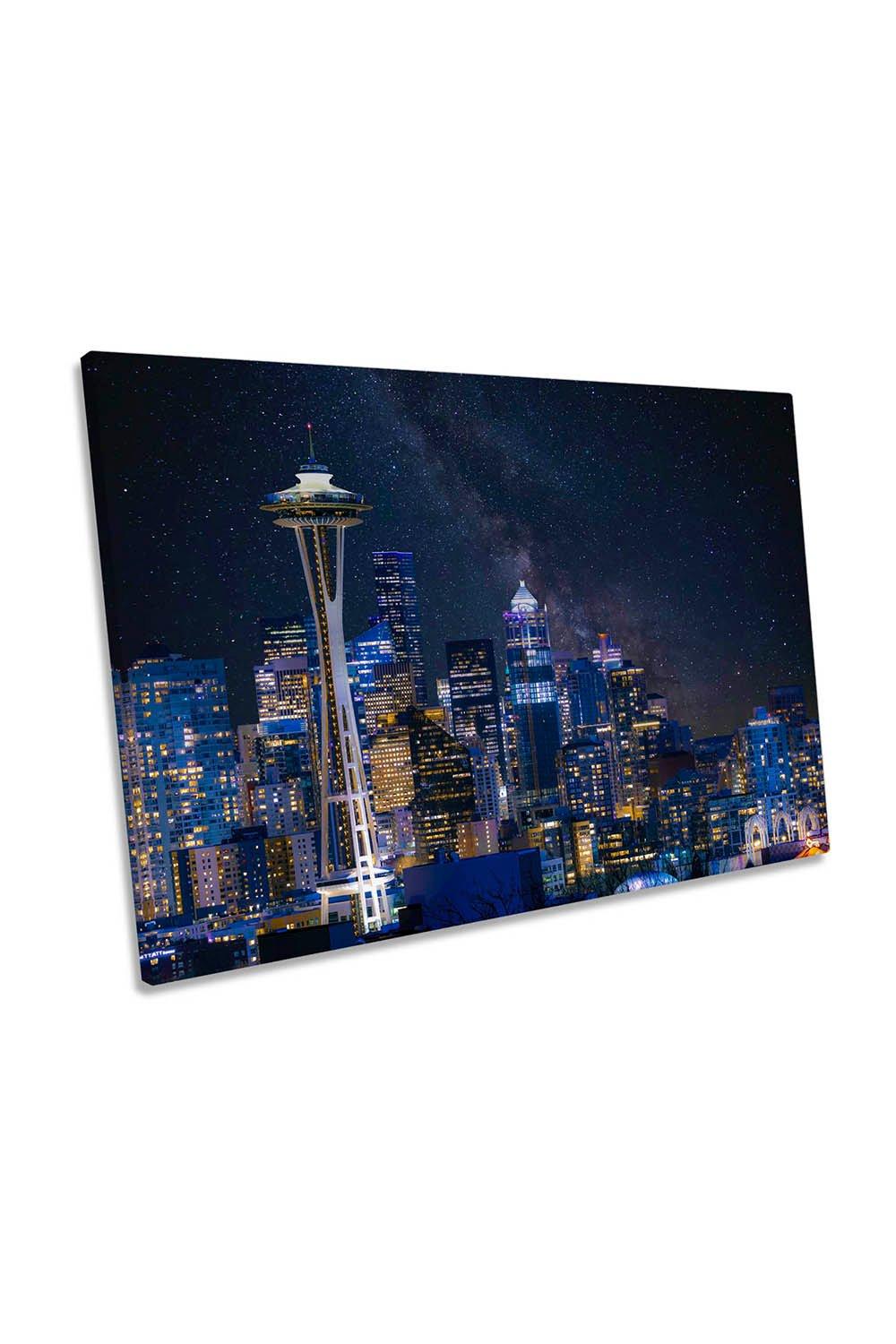 Night at Seattle Washington City Blue Canvas Wall Art Picture Print